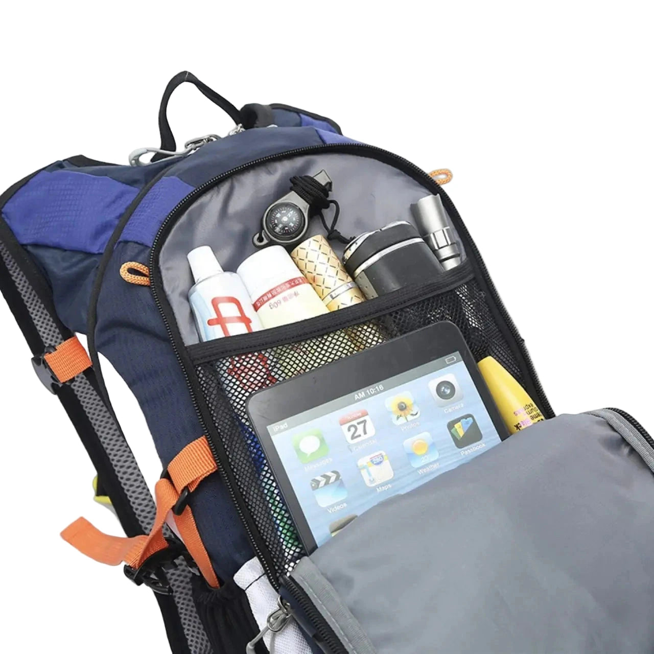 Open backpack with various items including a tablet, bottles, and a camera.