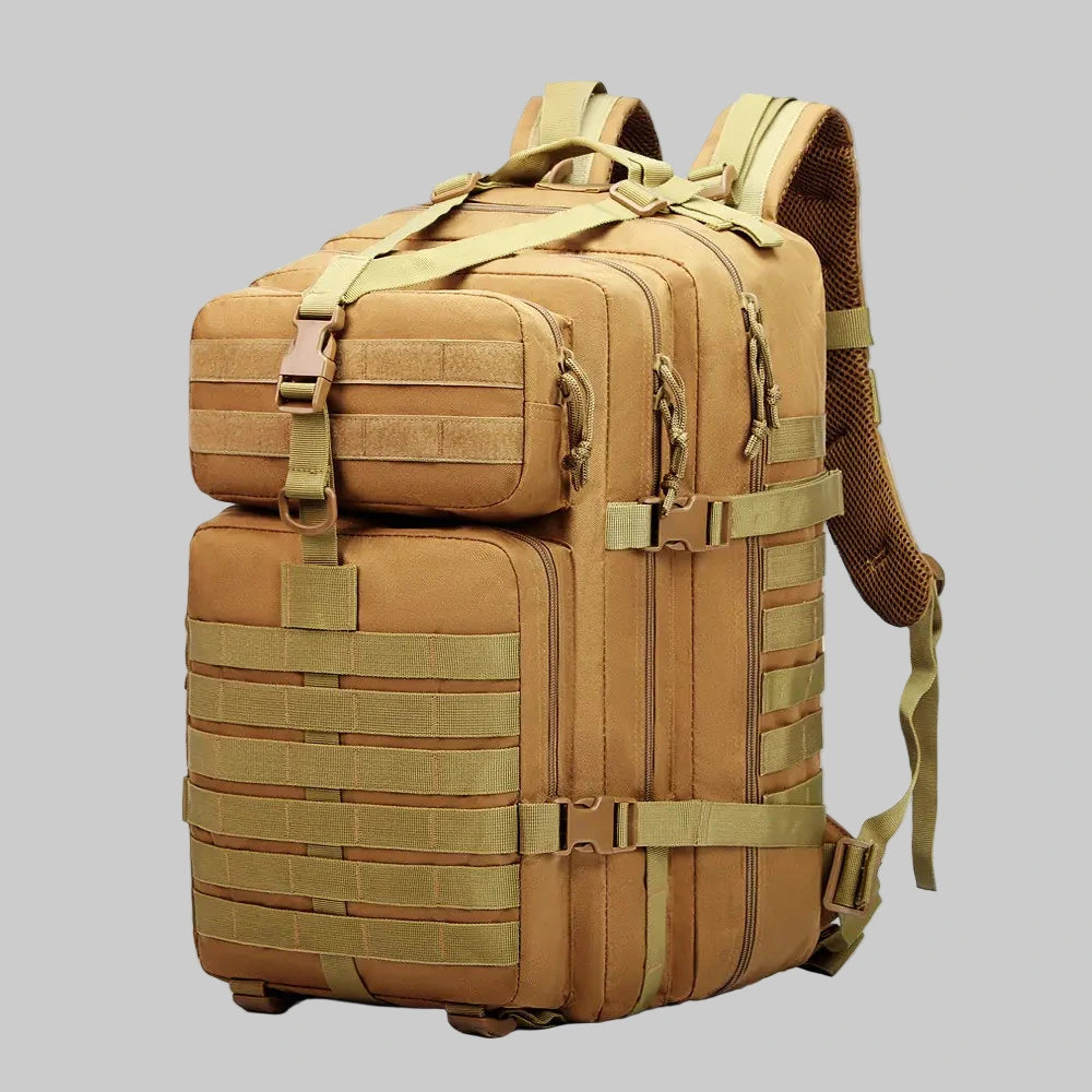 Tan tactical backpack on a white background