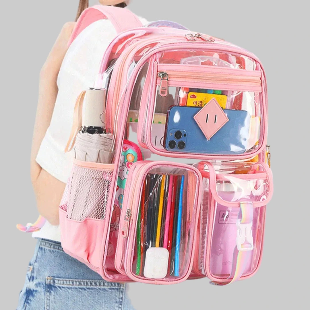 Pink transparent backpack with various items on a white background