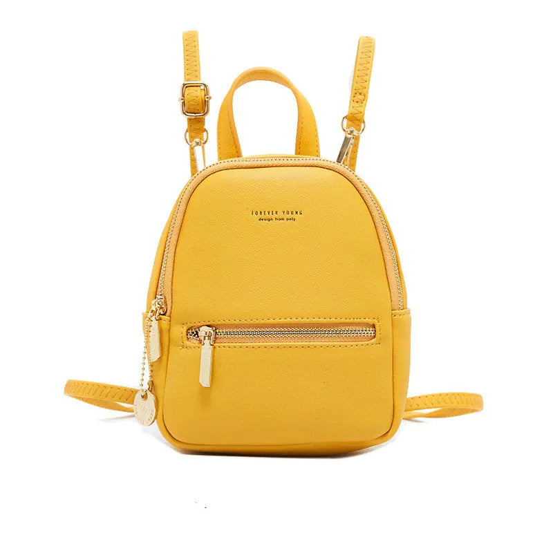 Yellow backpack with gold accents on a white background