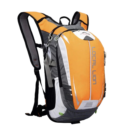 Orange and gray backpack with 'Local Lion' branding on a white background