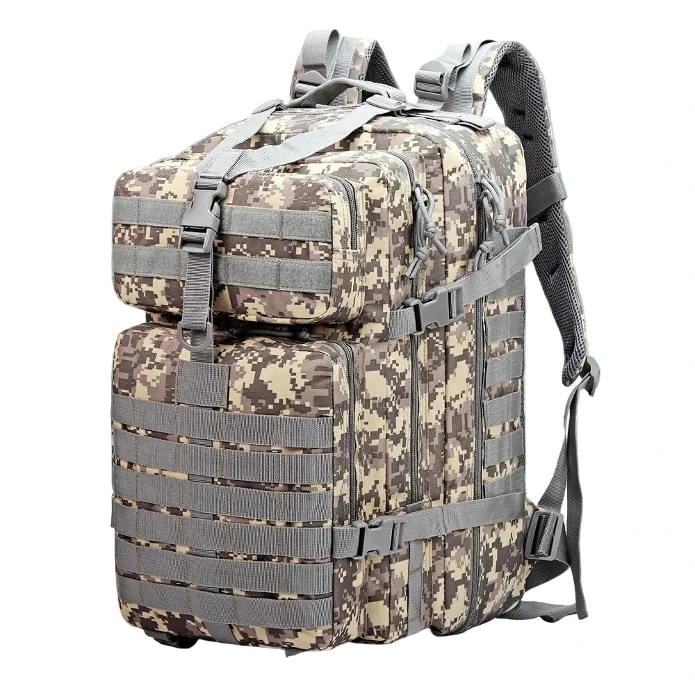 Camouflage backpack with gray straps on a white background