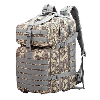 Camouflage backpack with gray straps on a white background