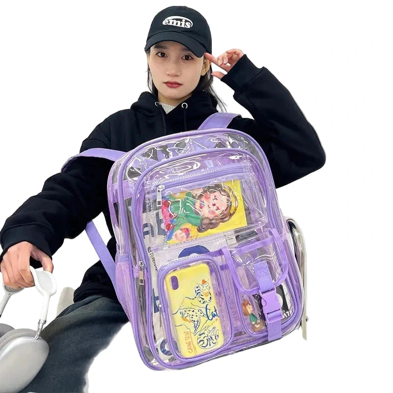 Person wearing a black hoodie and cap with a transparent purple backpack.
