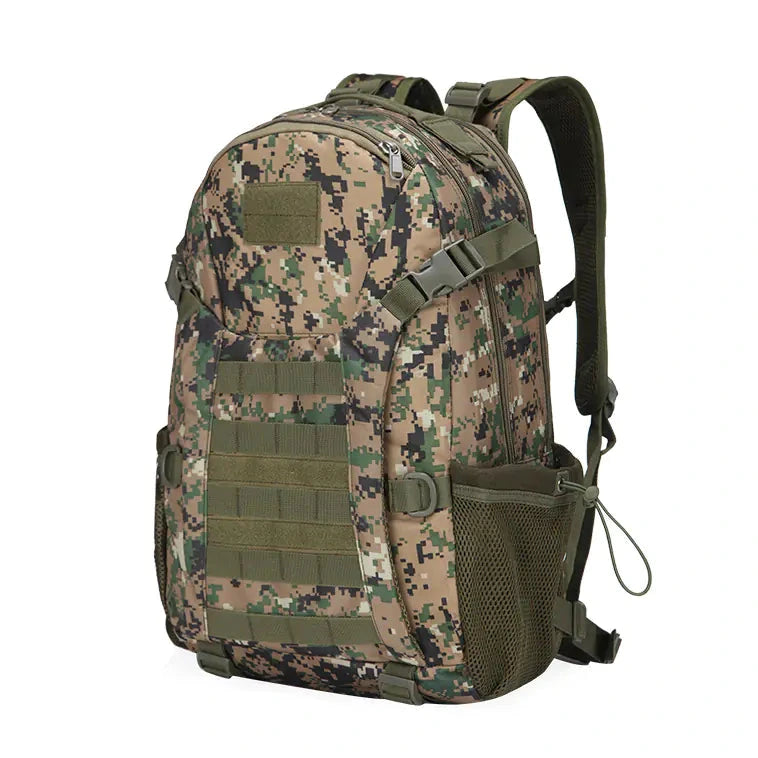 Camouflage backpack with multiple pockets on a white background