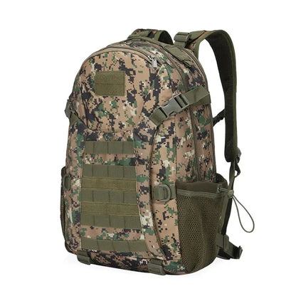 Camouflage backpack with multiple pockets on a white background