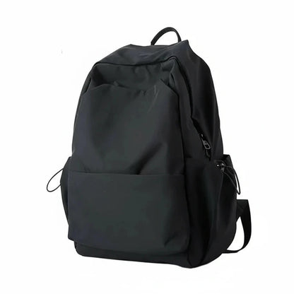 Black backpack with features listed on a white background