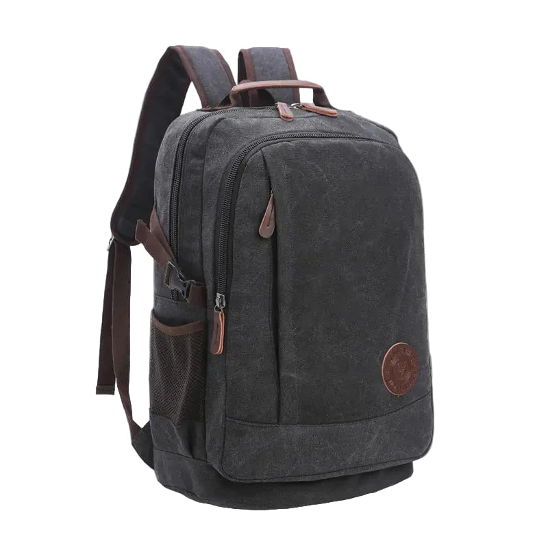 Gray backpack with brown accents on a white background