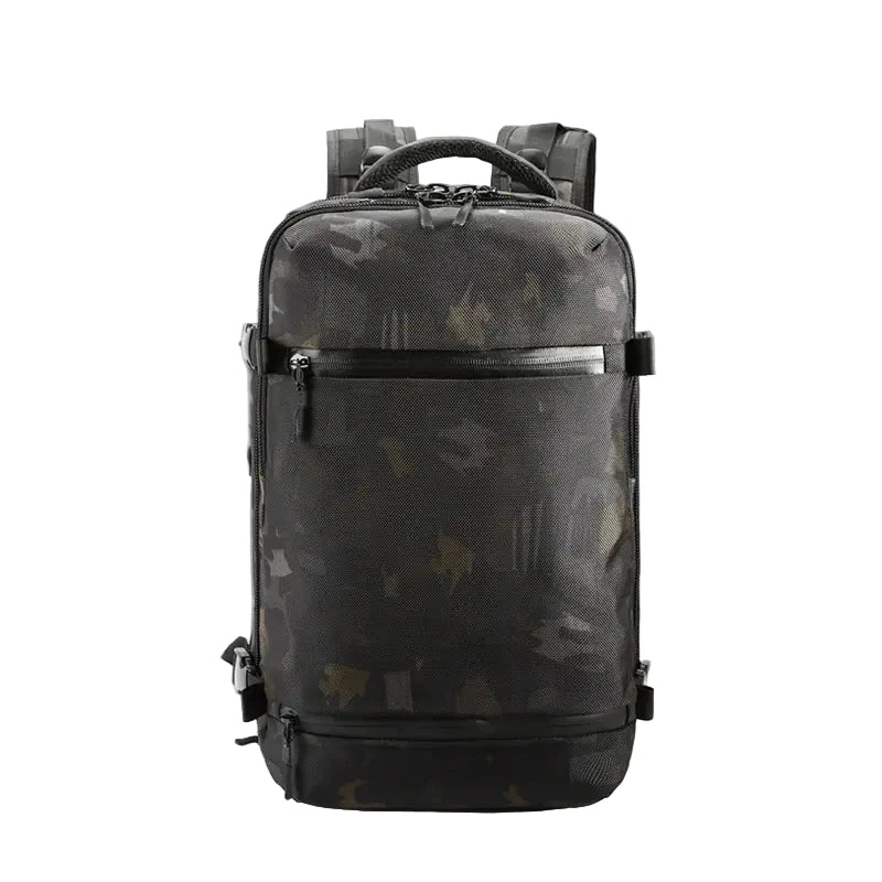 Black camouflage backpack on a white background