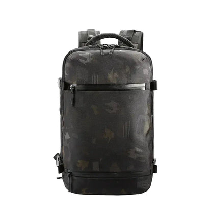 Black camouflage backpack on a white background