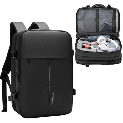 Black OUTWALK backpack with open compartment showing organized items on a white background
