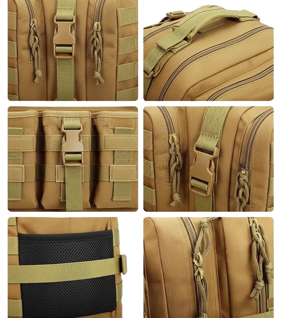 Collage of a tan backpack with various straps and details on a white background