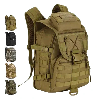 Tan tactical backpack with multiple pockets and straps on a white background