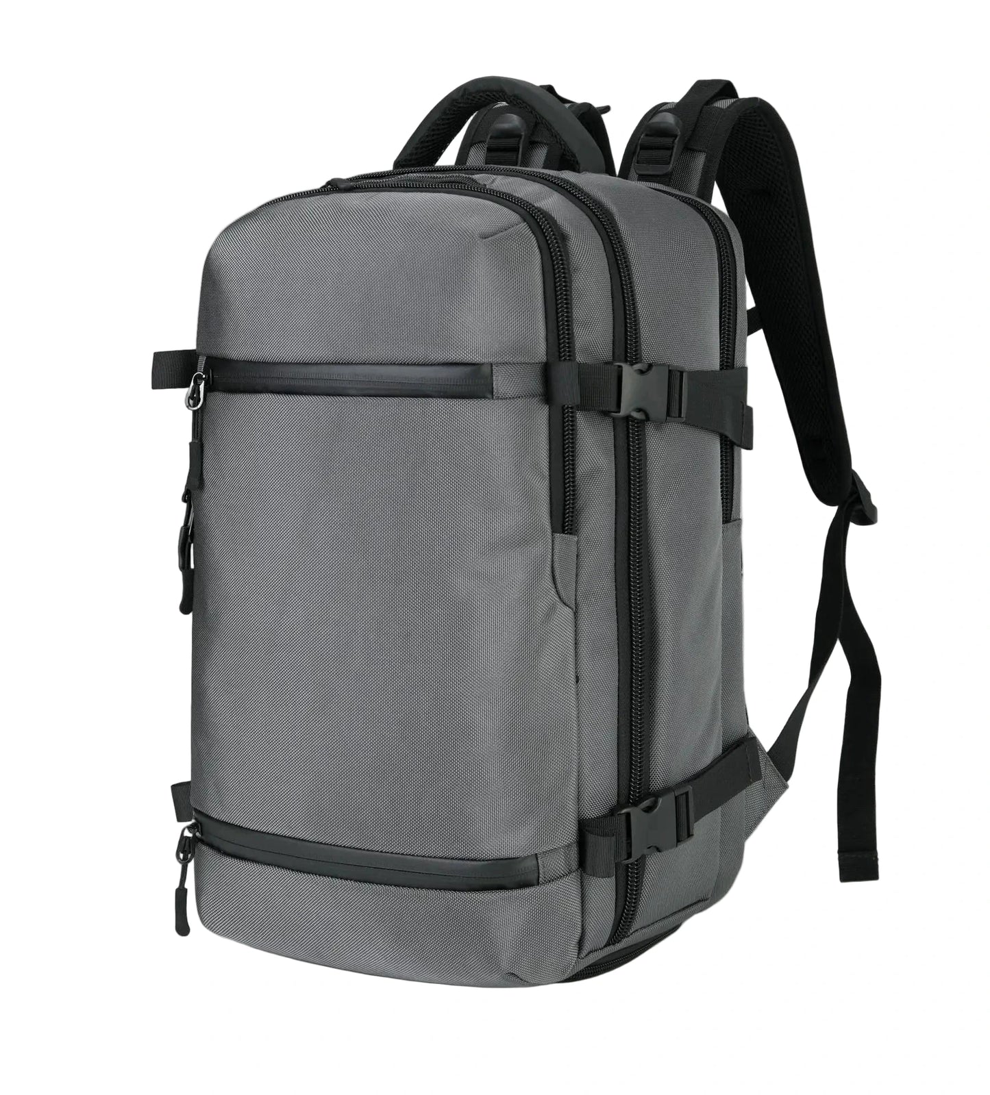 Gray backpack with black straps on a light gray background