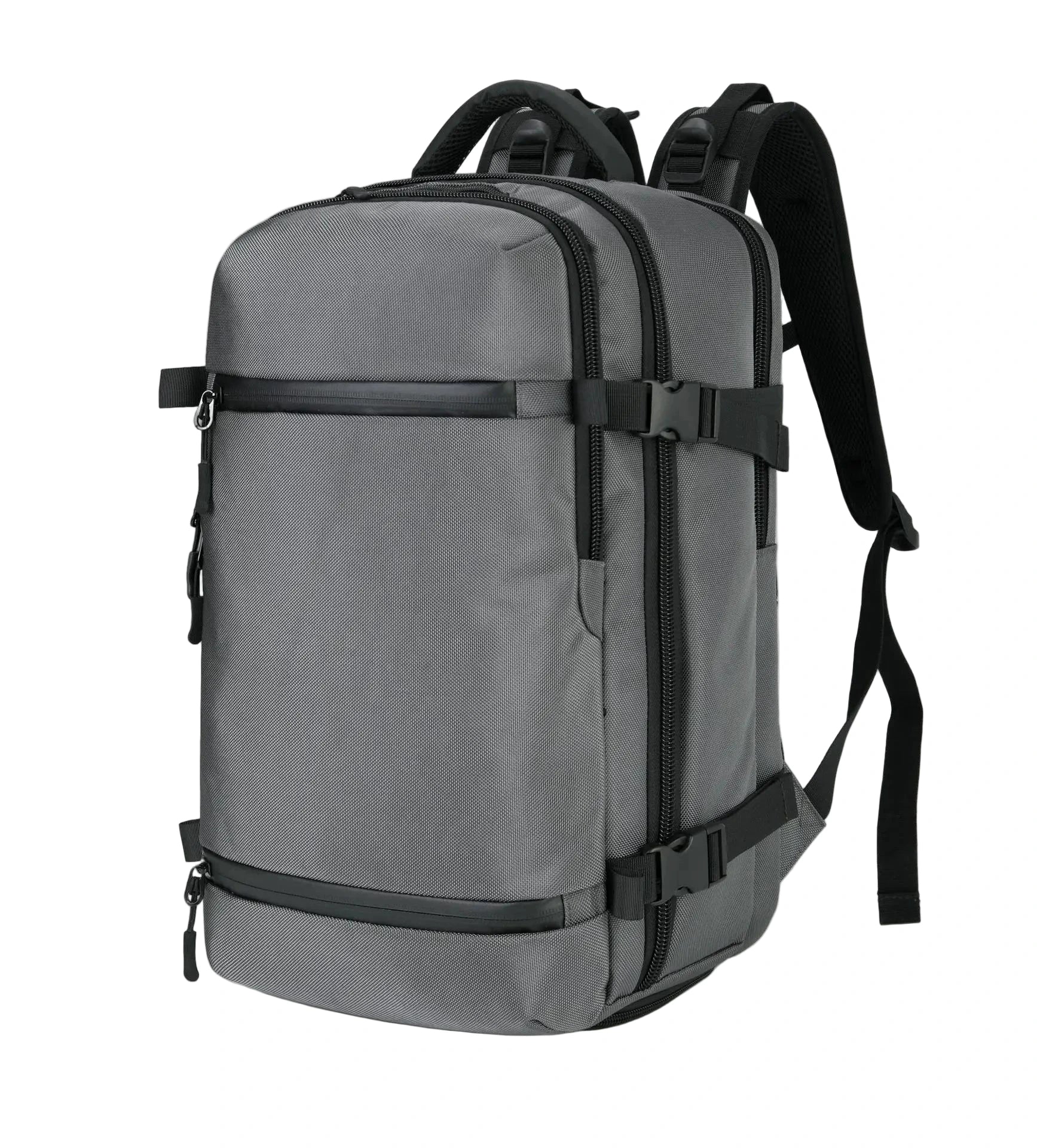 Gray backpack with black straps on a light gray background