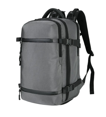 Gray backpack with black straps on a light gray background