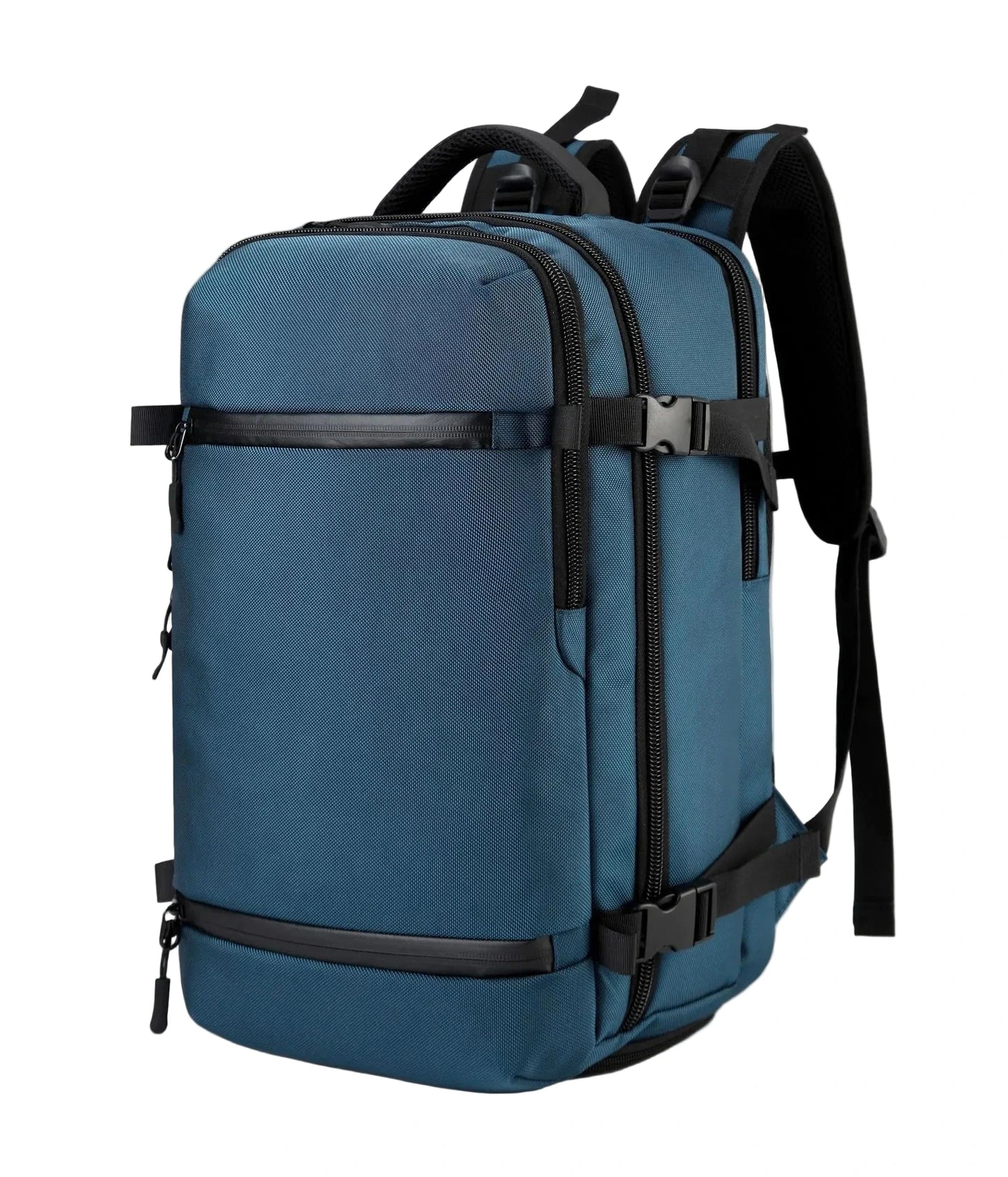 Blue  backpack with black straps on a white background