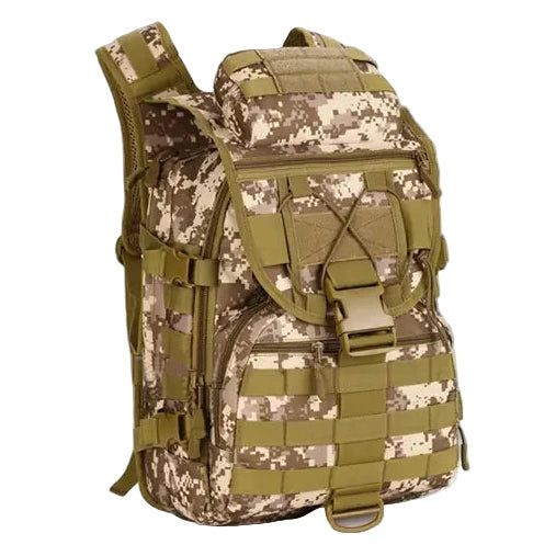 Camouflage backpack with green straps on a white background