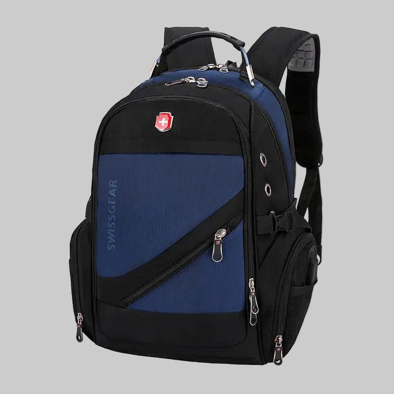 Black and blue backpack with Swiss Gear logo on a white background