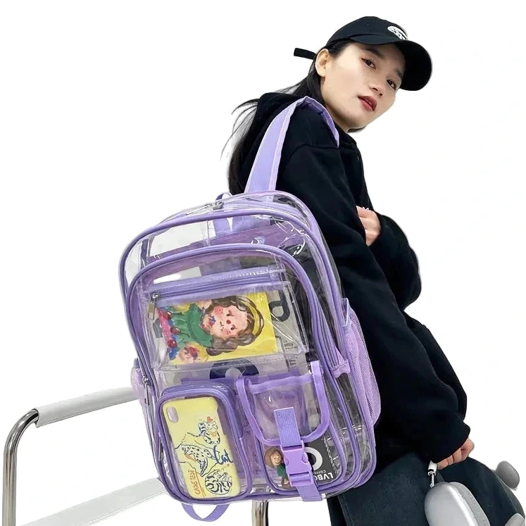 Person wearing a black hoodie and cap with a transparent purple backpack.