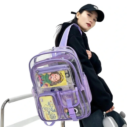 Person wearing a black hoodie and cap with a transparent purple backpack.