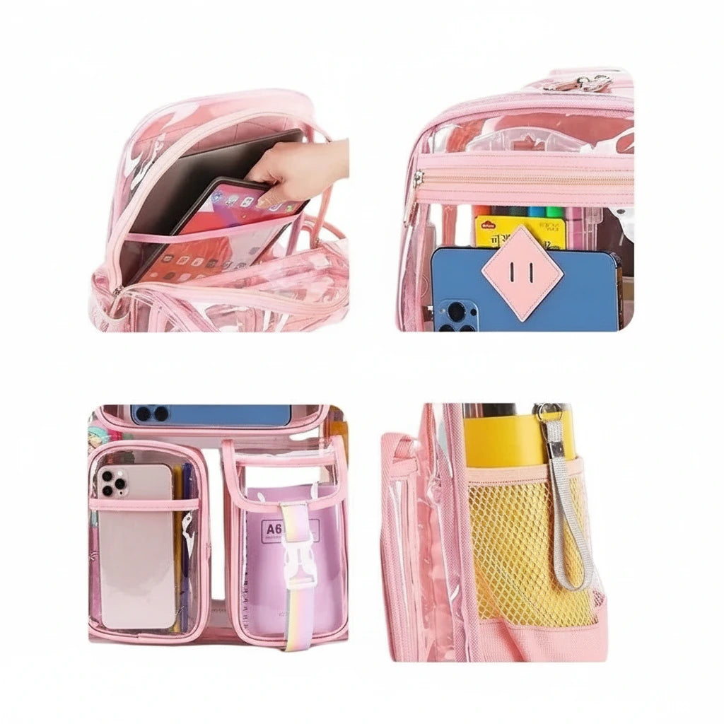 Multifunctional pink bag with various compartments and features on a white background