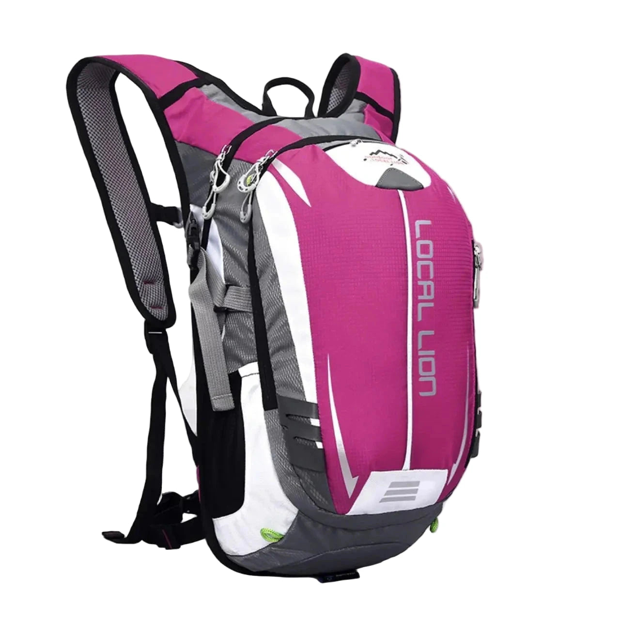 Pink and gray backpack with 'Local Lion' branding on a white background