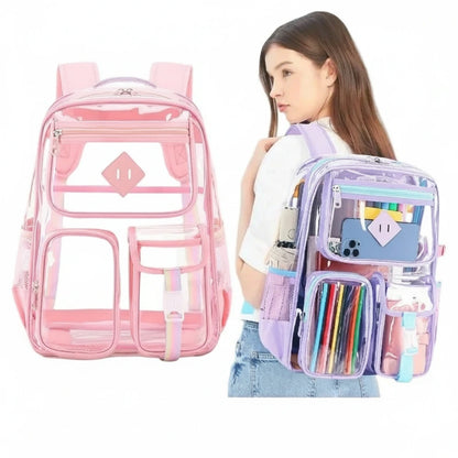 Transparent backpack with pink and purple designs, featuring pockets and a camera insert.