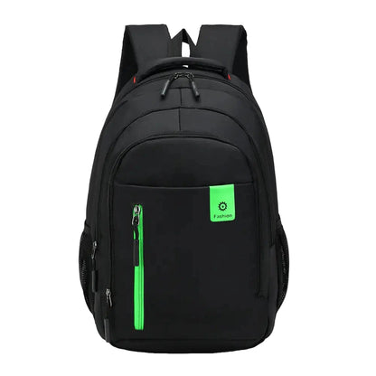 Black backpack with green accents on a white background