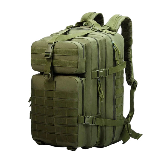 Green tactical backpack on a white background