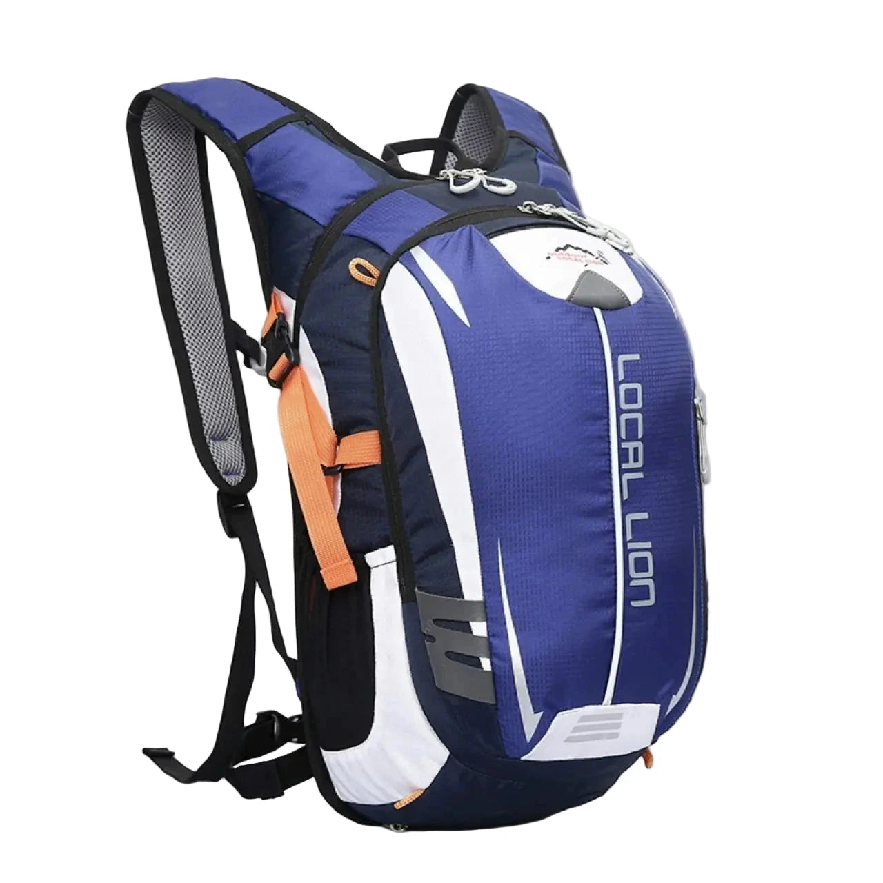 Blue and white backpack with orange accents on a white background