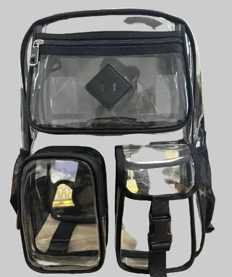 Clear backpack with black straps and zippers on a white background