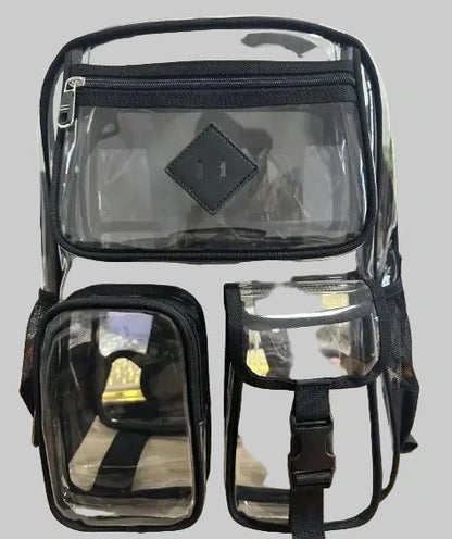 Clear backpack with black straps and zippers on a white background