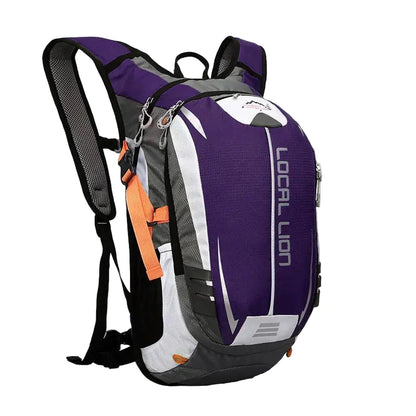 Purple and gray backpack with orange accents on a white background