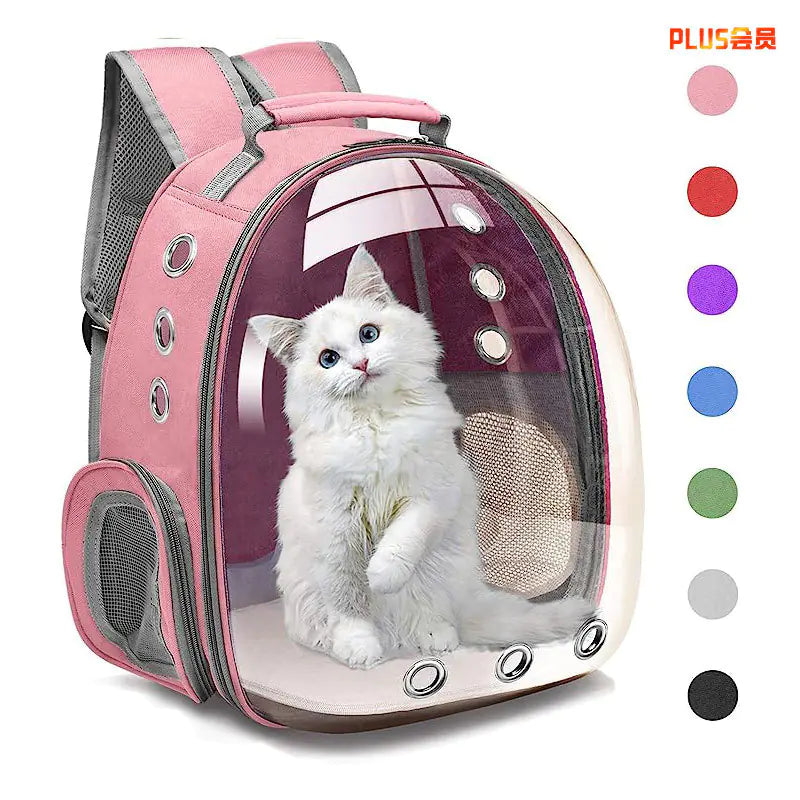Pink pet carrier with a white cat inside, surrounded by color swatches.