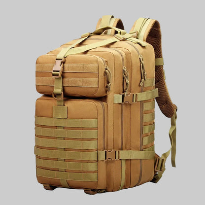 Tan tactical backpack on a white background