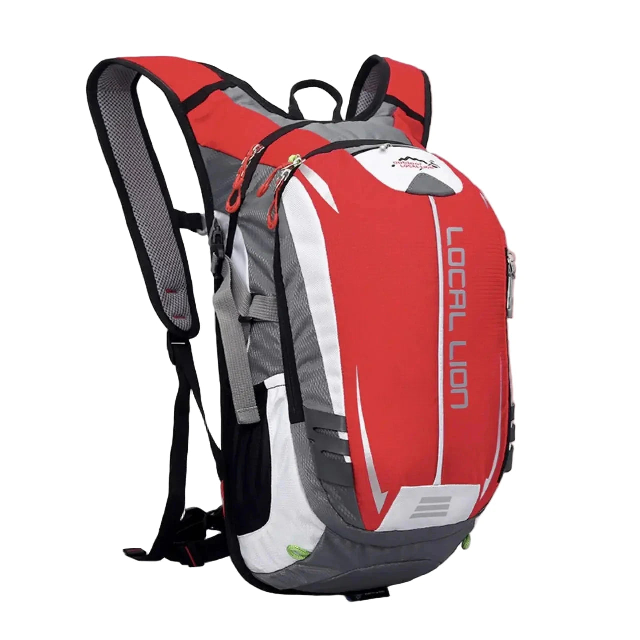 Red and gray backpack with 'Local Lion' branding on a white background