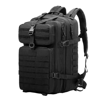 Black tactical backpack on a white background