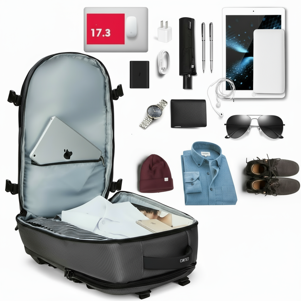 Open backpack with travel items including a laptop, tablet, clothes, and accessories on a white background.