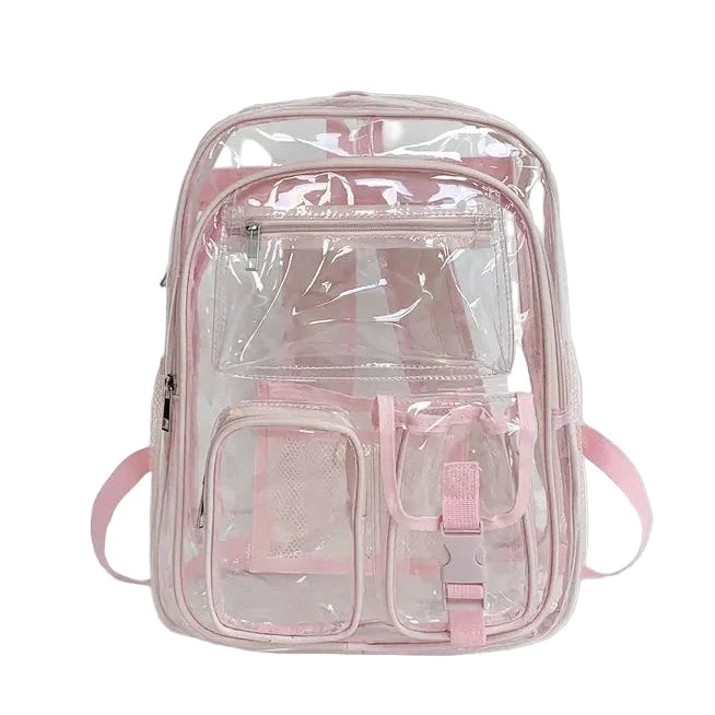 Clear backpack with pink straps on a white background