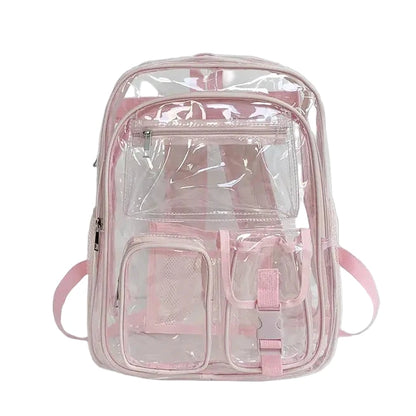 Clear backpack with pink straps on a white background