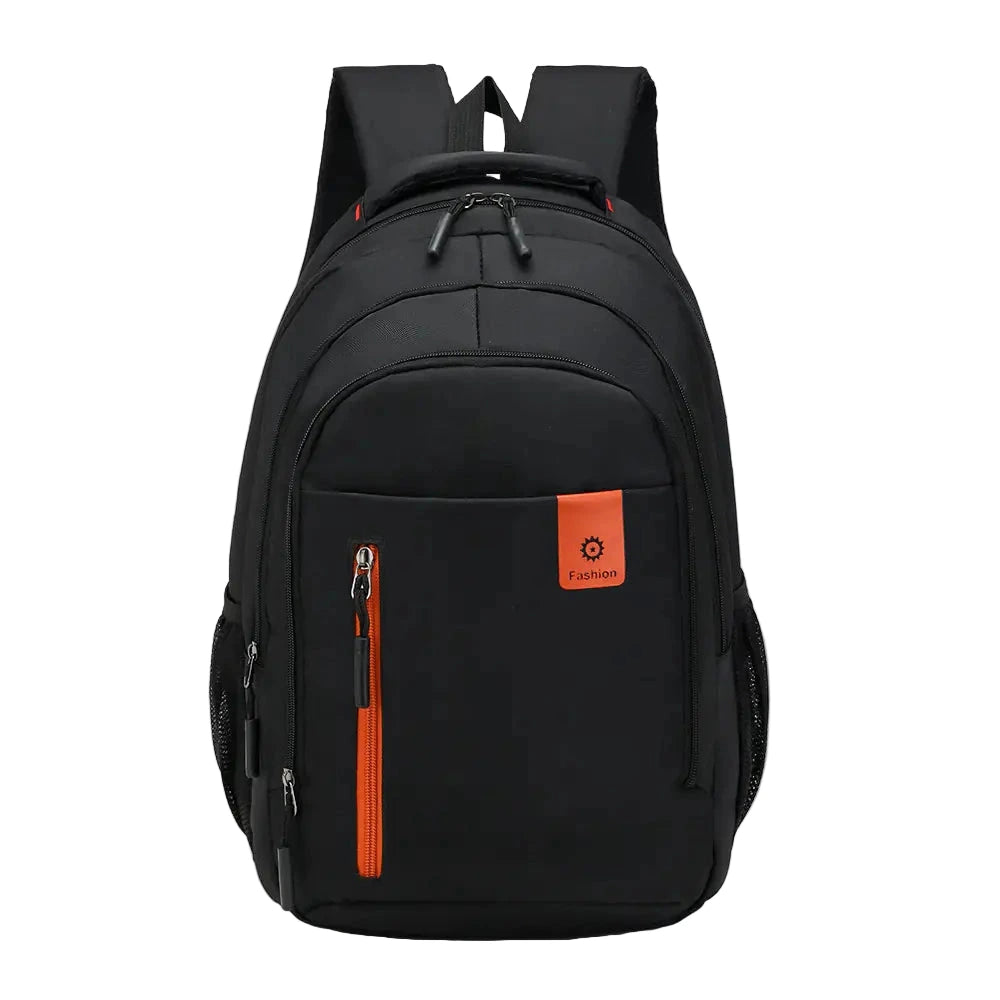 Black backpack with orange accents on a white background