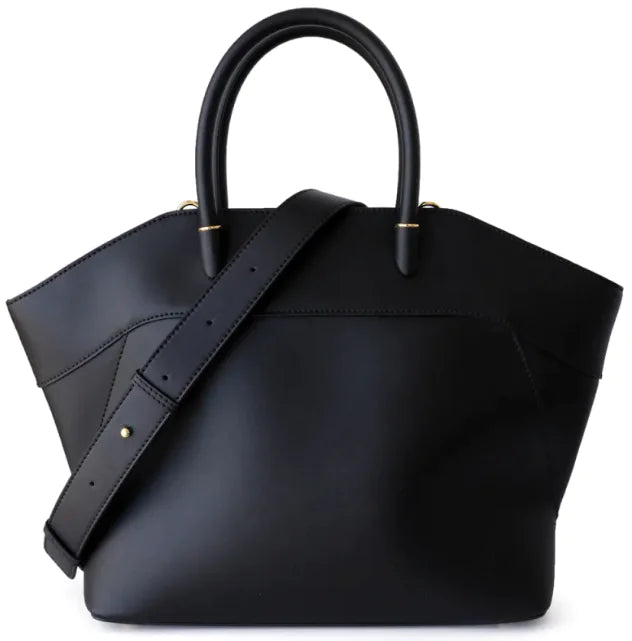 Black handbag with a strap on a white background