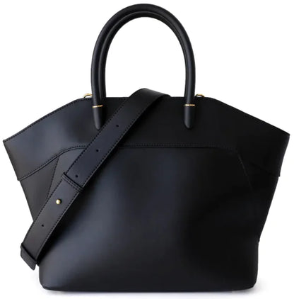 Black handbag with a strap on a white background