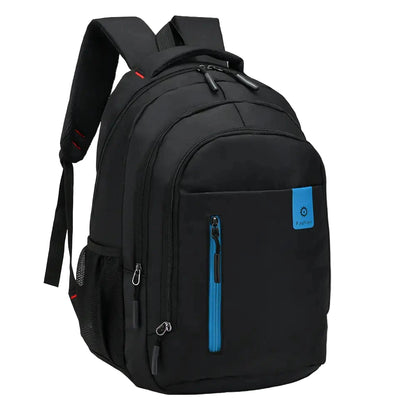 Black  backpack with blue accents on a white background