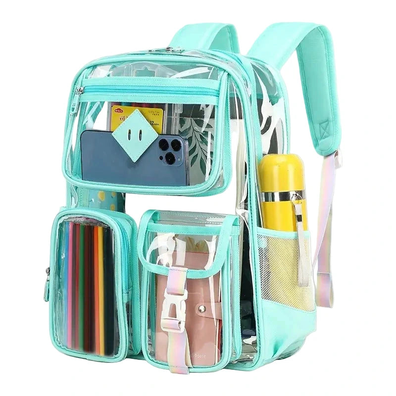 Clear backpack with turquoise trim containing various items on a white background