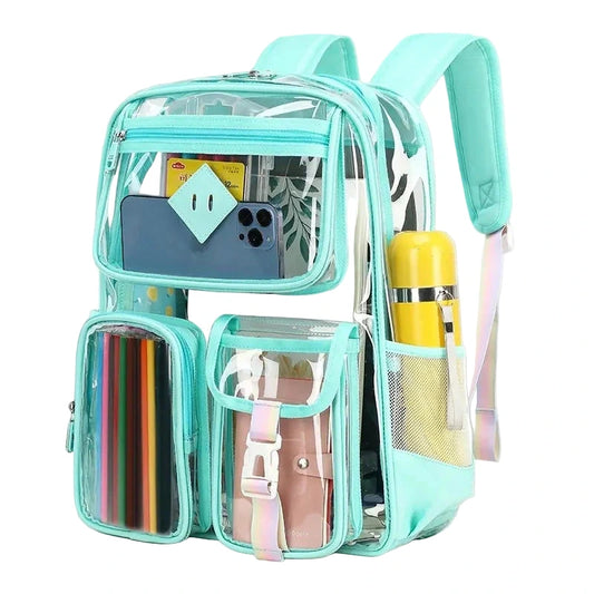 Clear backpack with turquoise trim containing various items on a white background