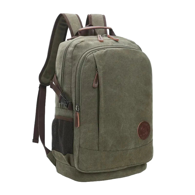 Green backpack with brown accents on a white background
