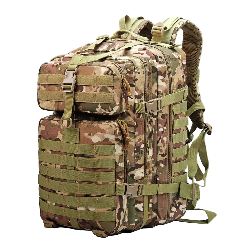 Camouflage backpack with multiple straps on a white background