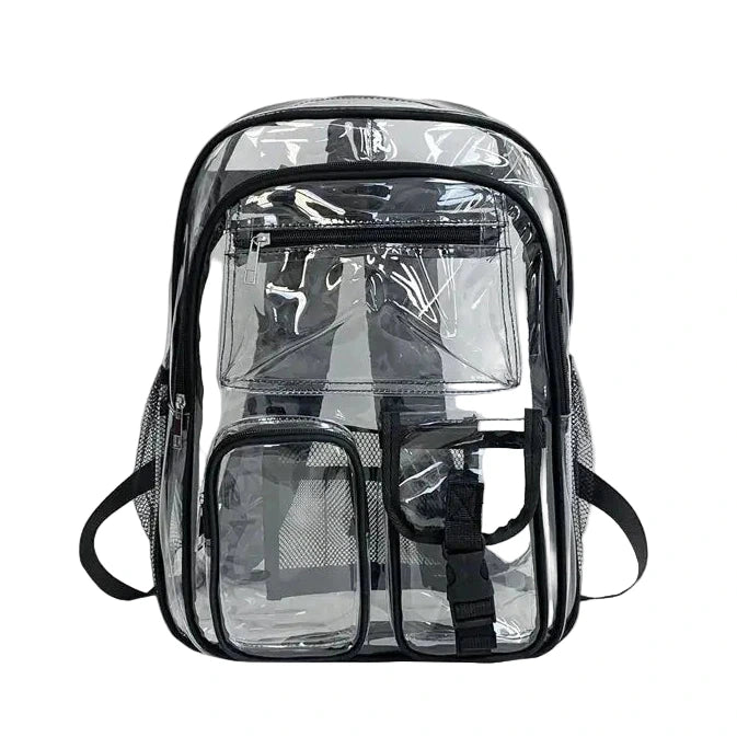 Clear backpack with black straps on a white background